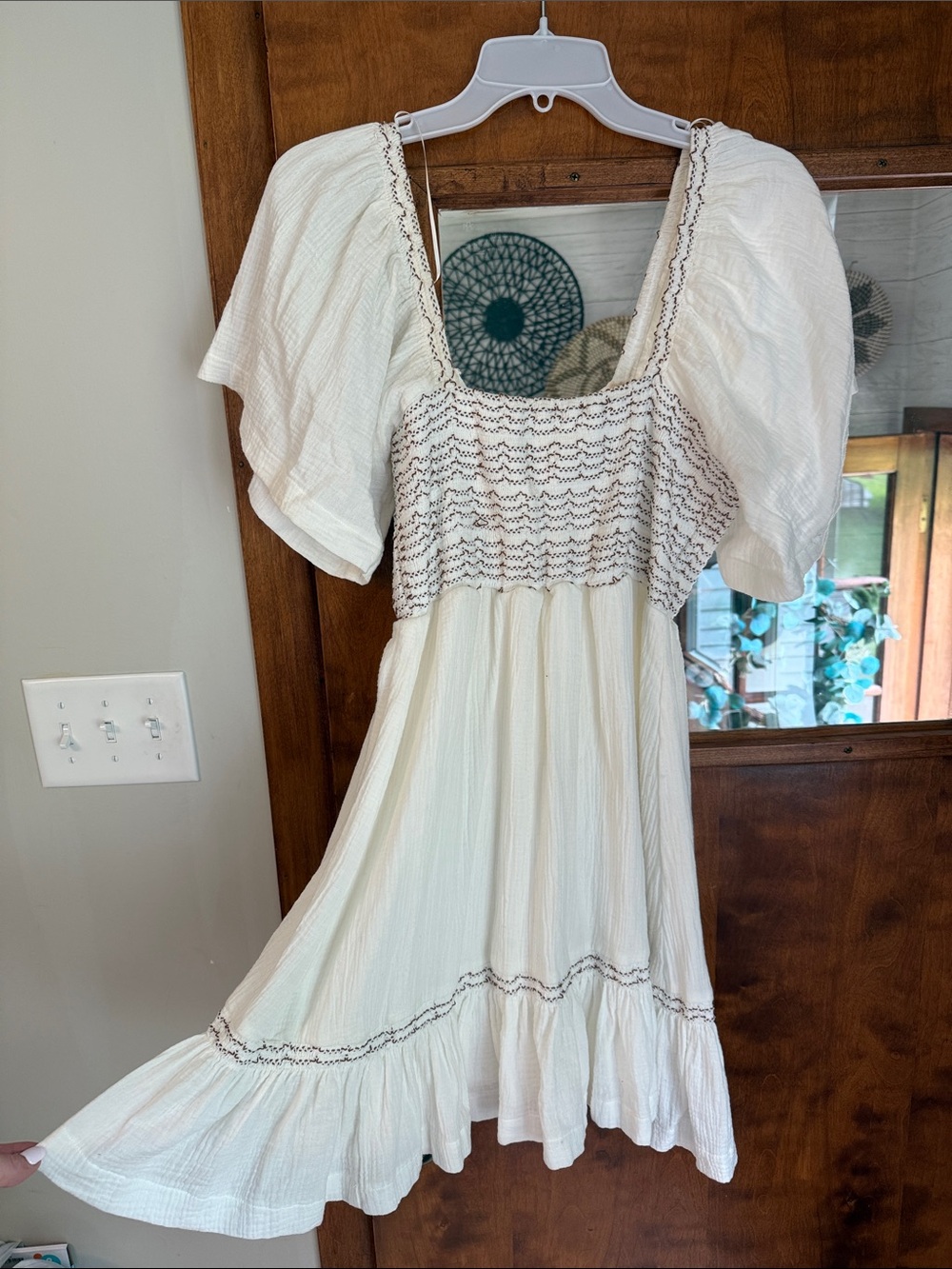 Papermoon Cream Smocked Mini Dress with Flutter Sleeves